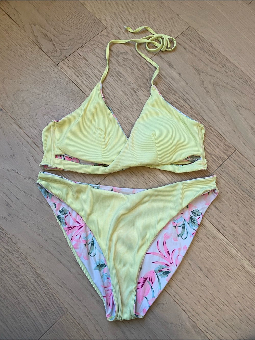 Lemon Ribbed Bikini Set with Floral Reversible Lining